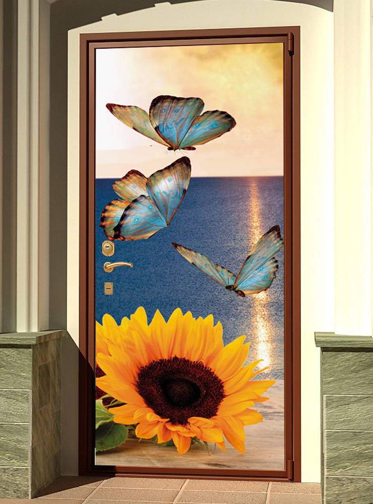 Наклейка на дверь - Бабочки и подсолнух | магазин Интерьерные наклейки